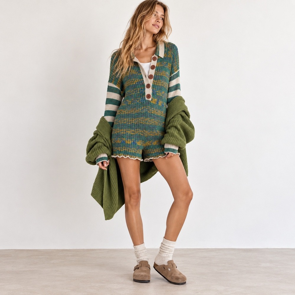 Free People Schoolboy Knit Romper Womens Size S Green Space Dye Striped Cotton